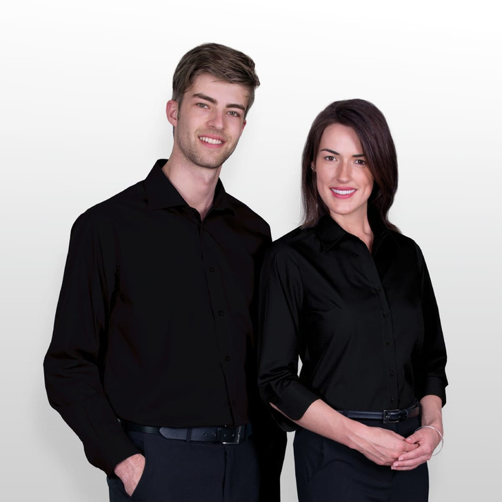A black button-up shirt for men, featuring a modern design. Includes a logo branding.