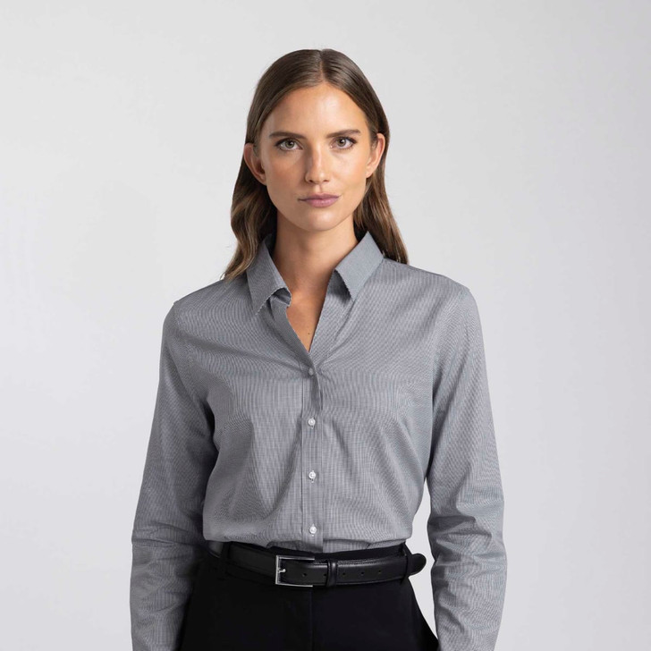 A women's button-up shirt in grey with a subtle striped pattern and a collar, featuring a logo.
