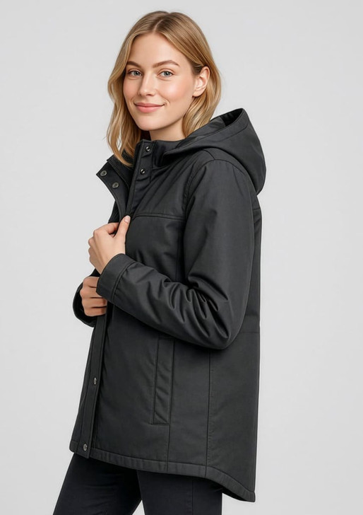 A women's black Melbourne Comfort Jacket with a hood, featuring a zip closure and side pockets. The jacket has a logo.