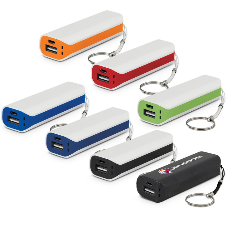A collection of power banks in various colours, including orange, red, green, blue, black, and white, with keychain attachments.