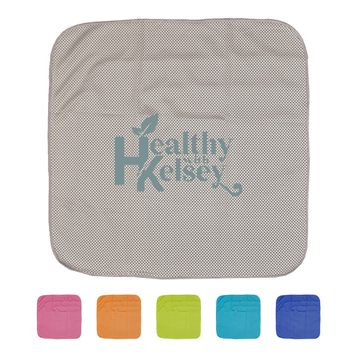 A cooling face cloth in grey with a logo, accompanied by pink, orange, green, and blue square versions.
