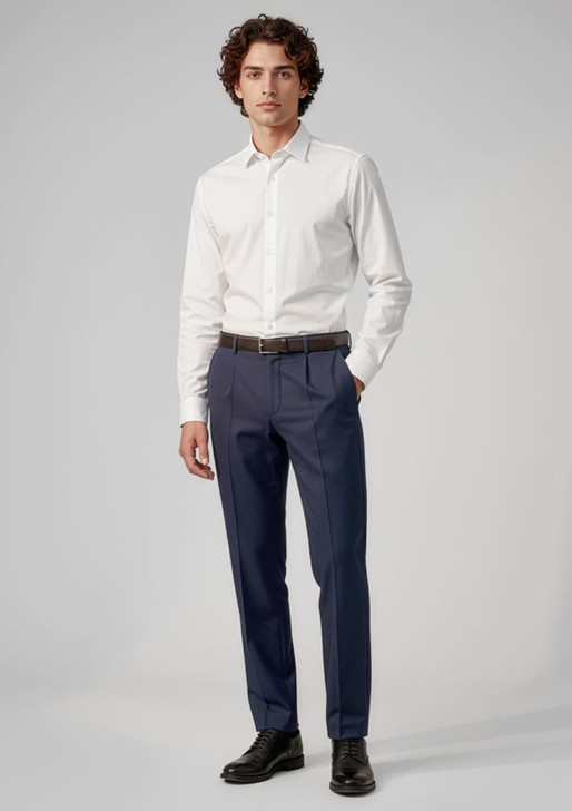Men's classic pleat pants in navy blue, paired with a white shirt and featuring a logo. Suitable for formal wear.