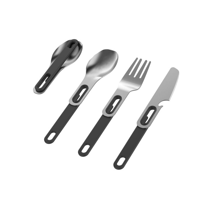 A cutlery set featuring a spoon, fork, knife, and butter knife, with sleek silver utensils and black handles.