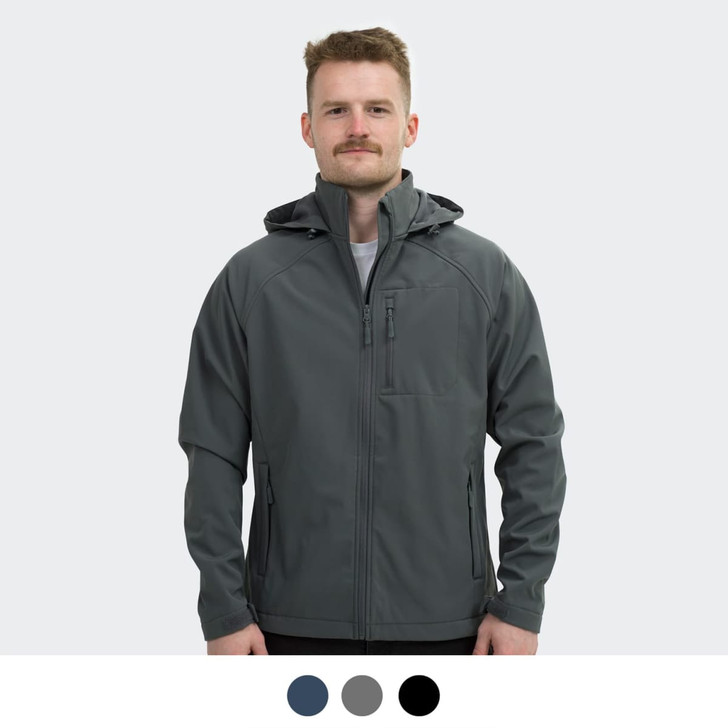 A man wears a grey soft shell jacket with a hood, featuring a logo and zippered pockets.