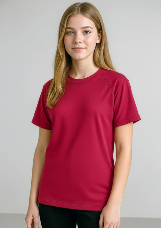 A red short sleeve tee featuring a simple design and a small logo on the front.