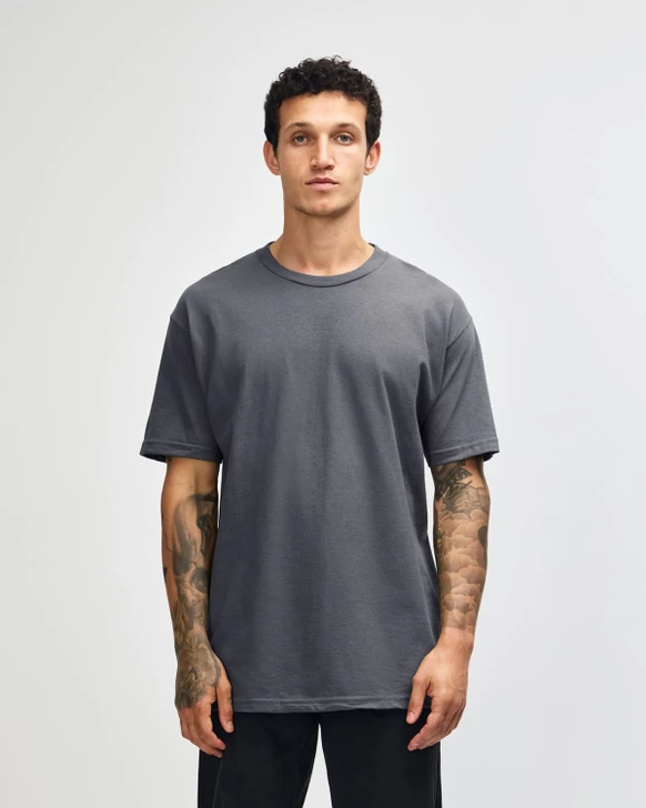 A unisex heavyweight cotton t-shirt in grey, featuring a classic crew neck design and a plain front.