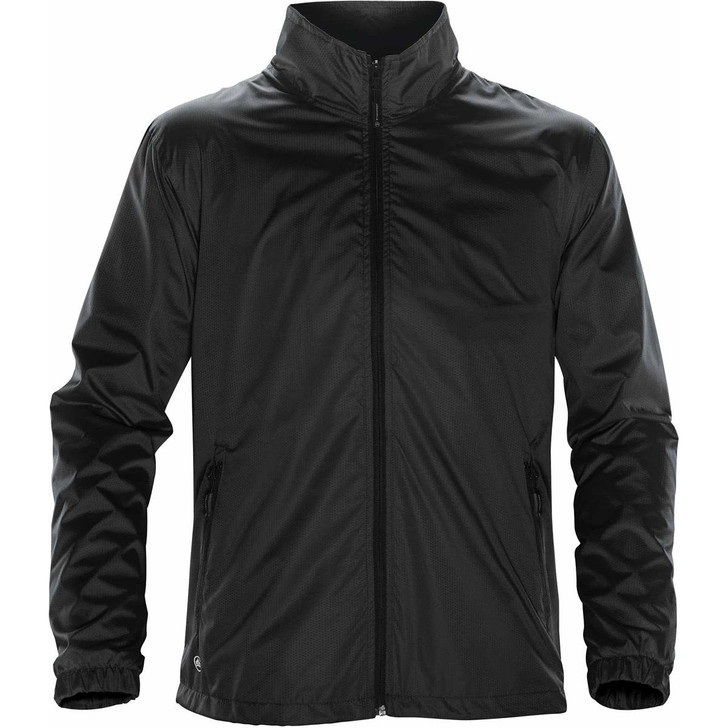 A black jacket featuring a zip front, a collar, and pockets, with a logo on the left side.