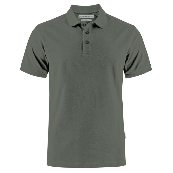 A grey men's cotton polo shirt with short sleeves, featuring a collar and buttons, and a logo on the side.