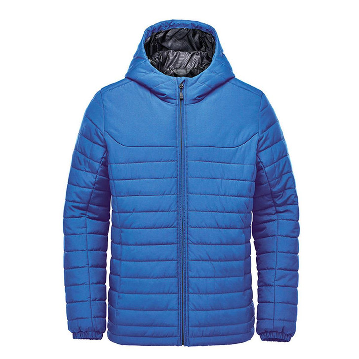 A blue quilted hoody with a zipper and a hood; features a black interior and has a logo.