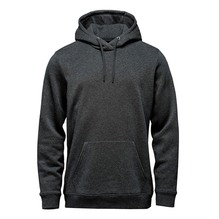 A grey fleece pullover hoody with a front pocket and adjustable drawstring hood. It has a branded logo.
