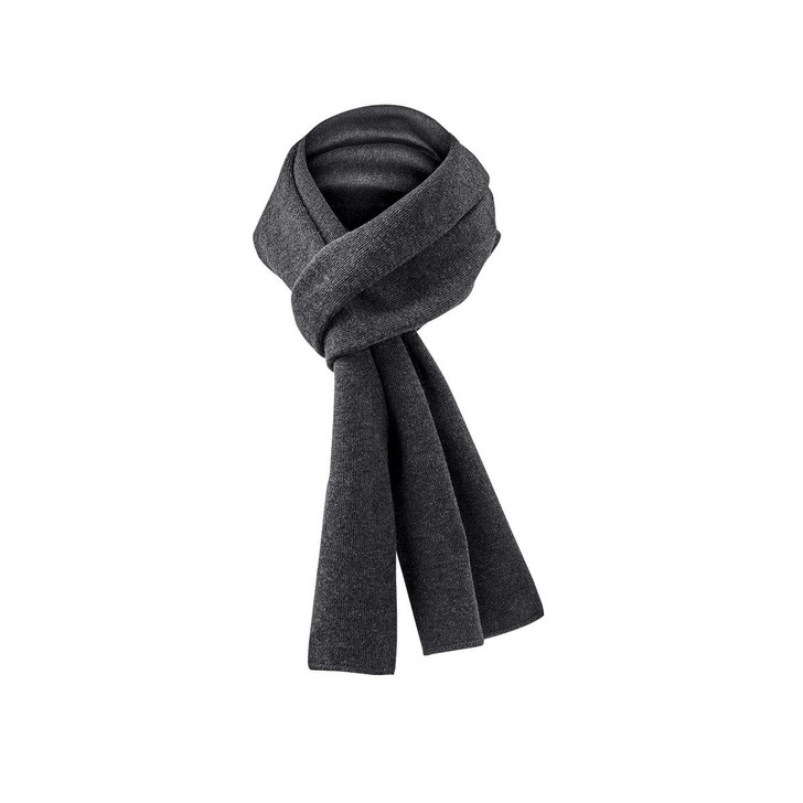 A dark grey knit scarf with a simple, elegant design, featuring a logo.