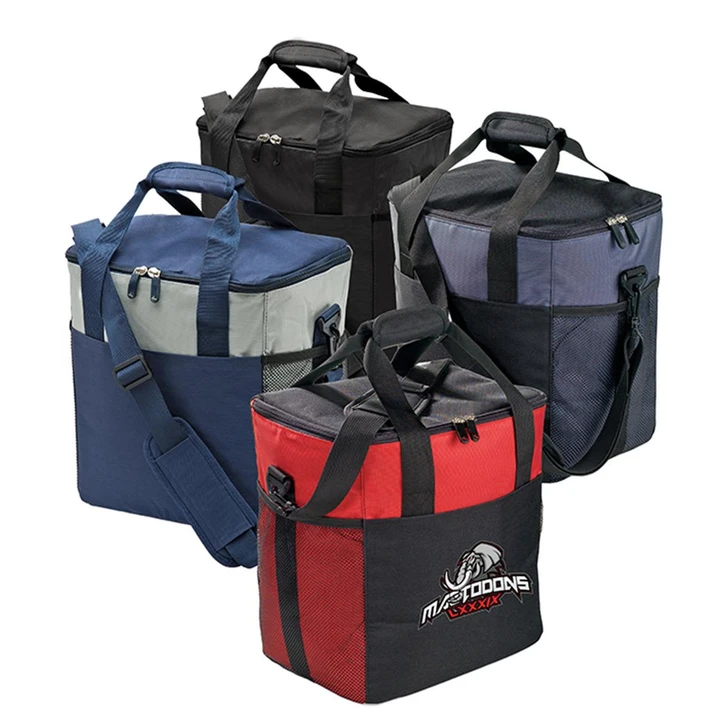 A large cooler bag in various colours, including navy, grey, black, and red, featuring multiple handles and a logo.