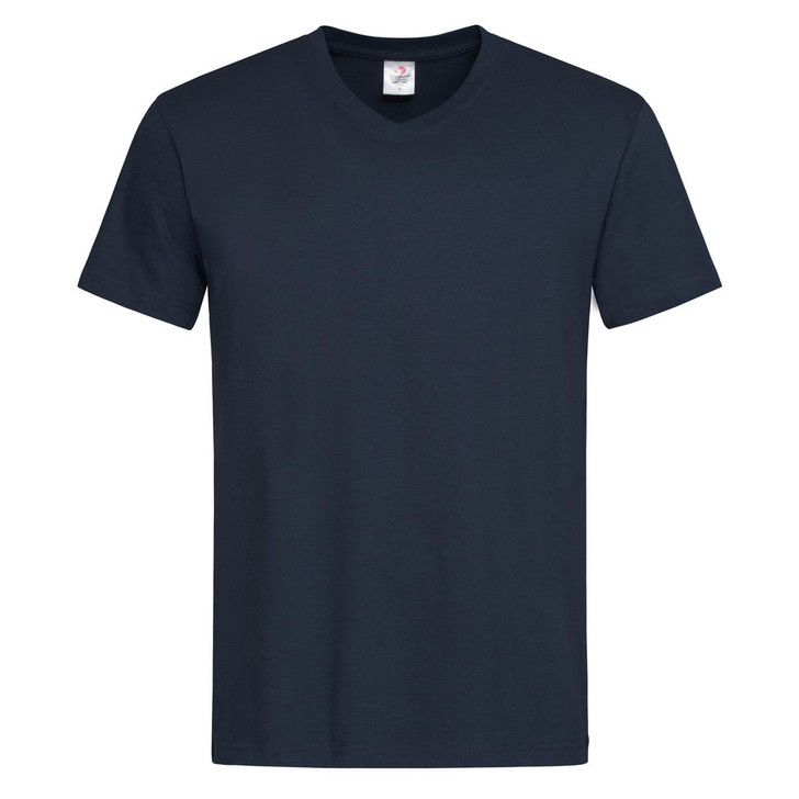 A navy blue men's classic V-neck T-shirt with short sleeves. The shirt features a label and has a simple design.