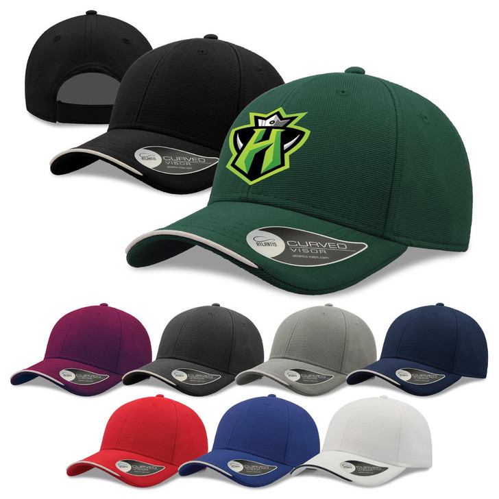 A collection of caps in black, green, burgundy, grey, and white, featuring a logo on one cap.