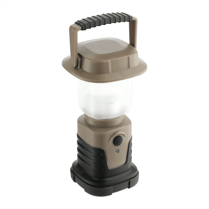 A mini camping lantern in tan and black, featuring a clear light section and a handle for easy carrying.