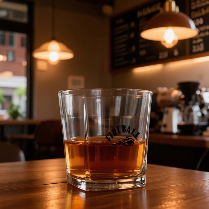 A glass tumbler containing a dark amber beverage, set on a wooden table in a café. The tumbler features a logo.