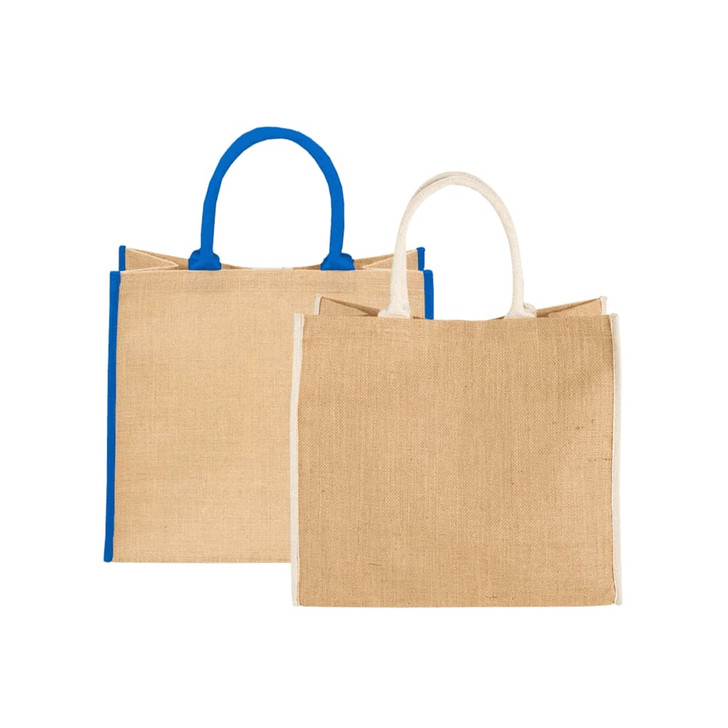 Large jute tote bags in natural with blue and white handles, featuring branding on one side.
