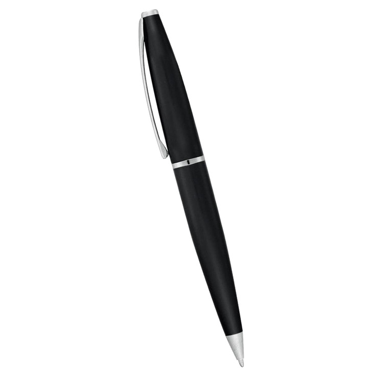 A black metal twist action pen with a silver clip and accent. It includes a branding logo.