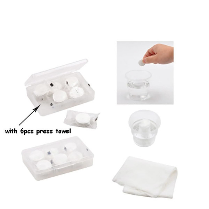 A clear case containing six white press towels, alongside a hand demonstrating their use in water.