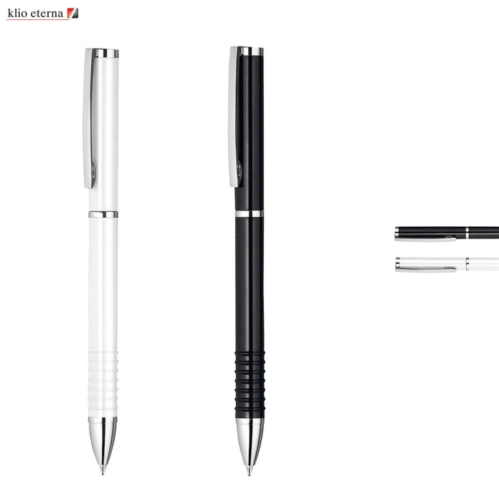 A metal pen set featuring a white pen and a black pen with chrome accents, alongside a close-up of the black pen's grip.