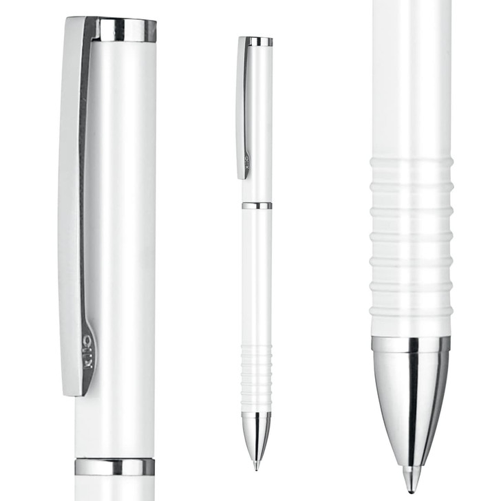 A white metal ball pen features a chrome clip and polished tip, showcasing a sleek and modern design with a textured grip.