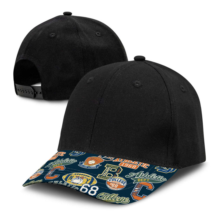 A black cap with a patterned peak featuring various logos and branding. The back is adjustable.