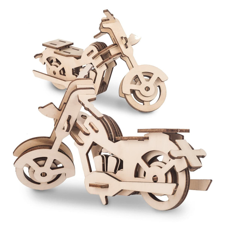 A wooden motorcycle model kit featuring two assembled bikes, showcasing intricate cut-out designs and a natural finish.
