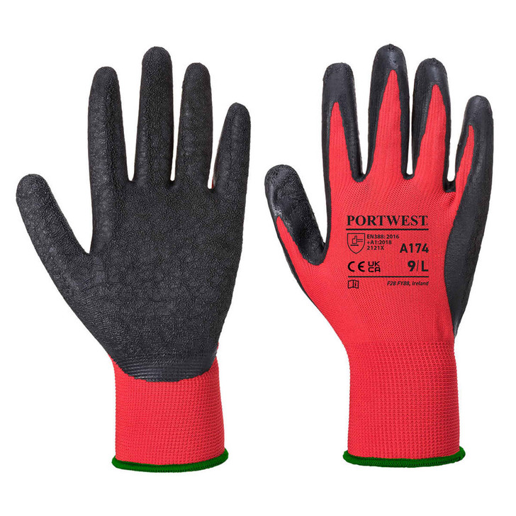 A pair of red and black Flex Grip latex gloves with textured palms and a snug fit, featuring a logo.