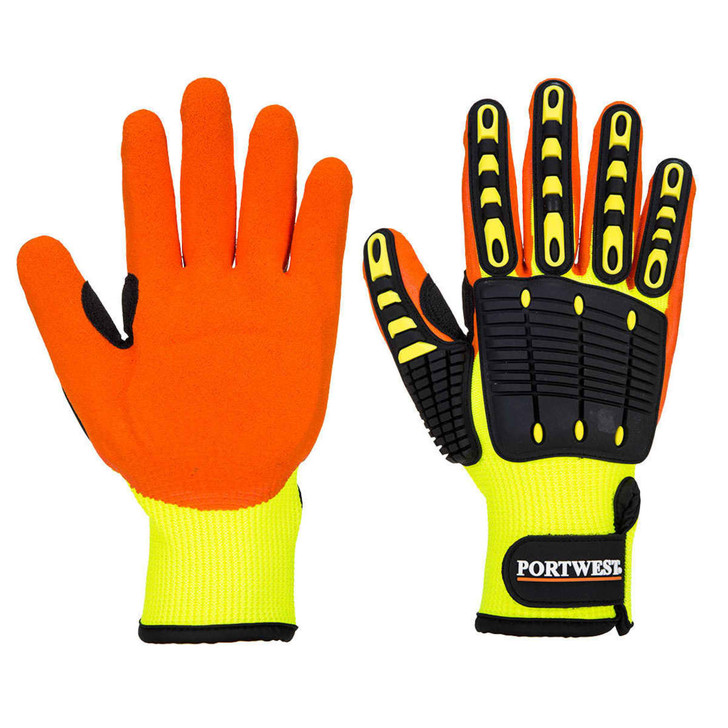 Bright orange and yellow anti-impact grip gloves with textured palms and a branded logo displayed.