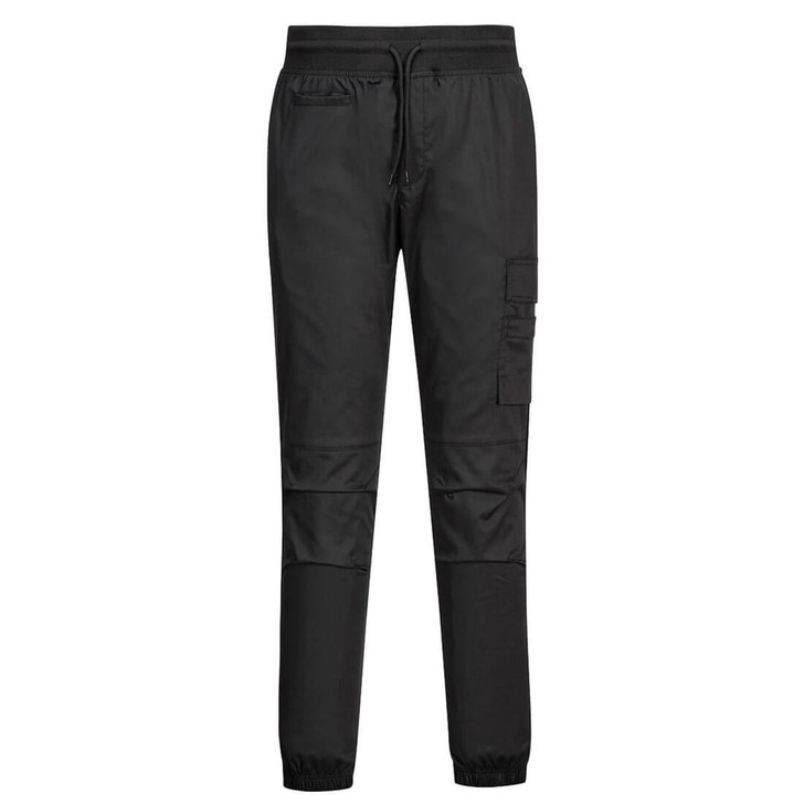 A pair of black jogger pants with a drawstring waist and a cargo pocket on the side.