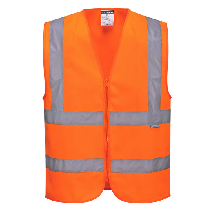 A zipped vest in high-visibility orange with reflective grey stripes and a logo on the front.