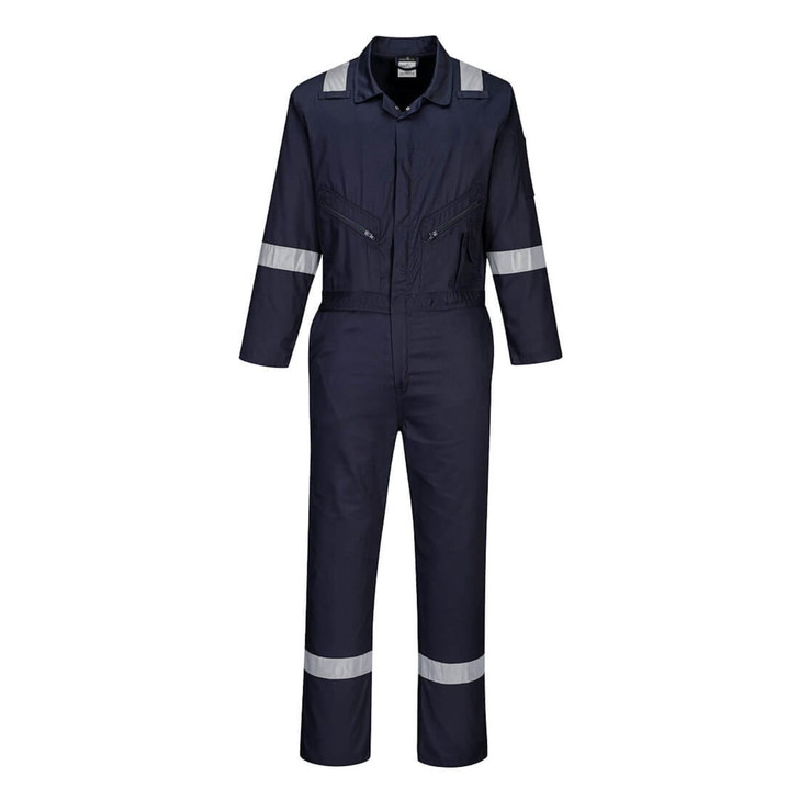A navy blue coverall featuring reflective stripes, zippers, and two front pockets, with a logo on the chest.