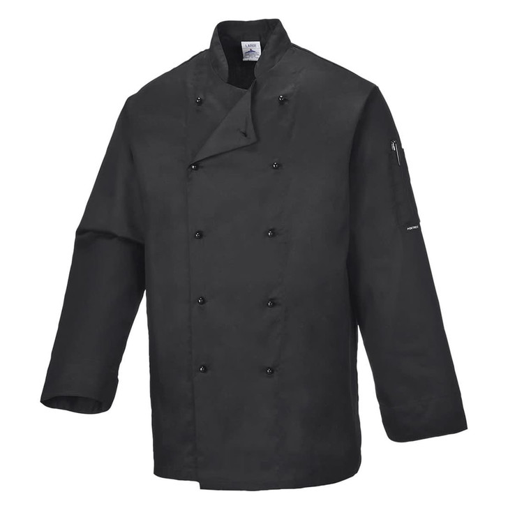 A black chef jacket with a double-breasted design and a zippered pocket on the sleeve. It features a logo.