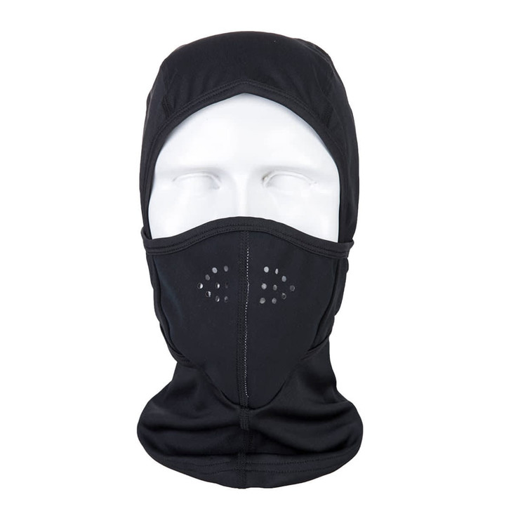 A black multiway balaclava featuring a fitted design and perforated sections for breathability.