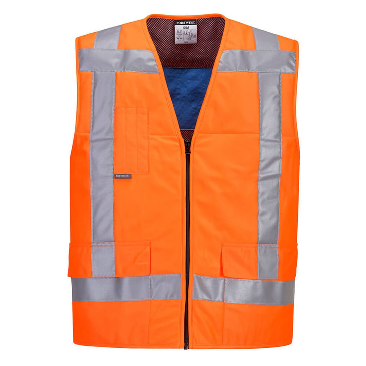 A high-visibility orange cooling vest with reflective stripes and multiple pockets, featuring a logo.