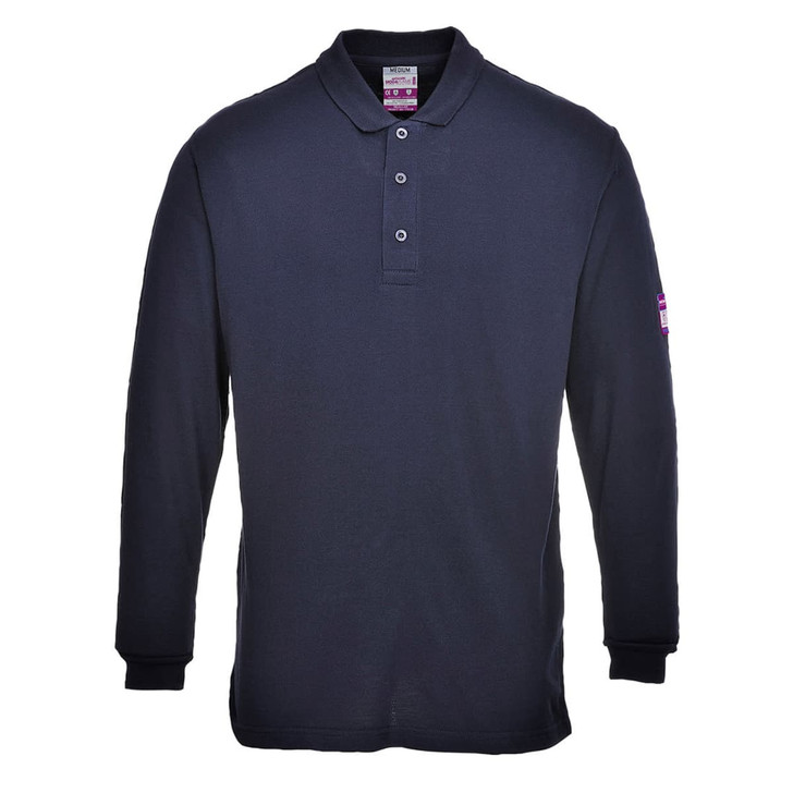 A navy long-sleeve polo shirt with a collar and a logo on the sleeve. Suitable for workwear.