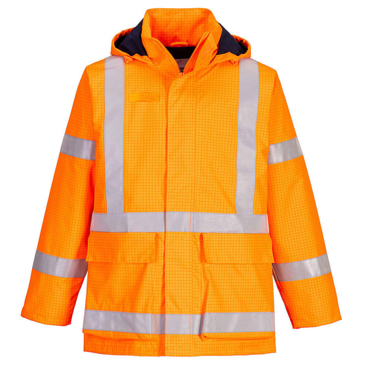 An orange high-visibility rain jacket with reflective stripes and a hood, featuring multiple pockets and a logo.