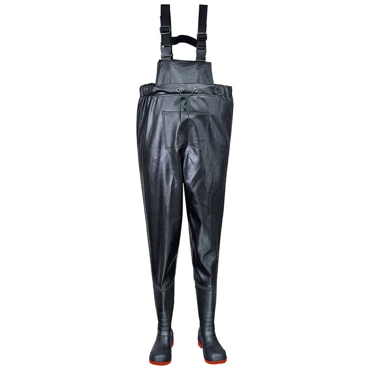 A pair of black chest waders with adjustable straps and red soles. The product has a logo on it.