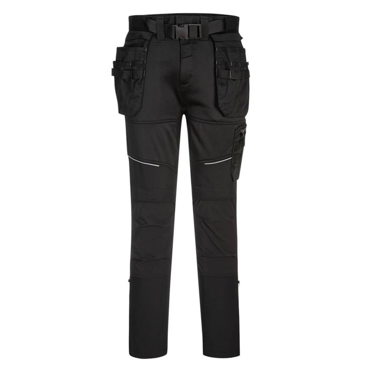 A pair of black cargo pants with multiple pockets and a belt, featuring a sleek design and reflective details.