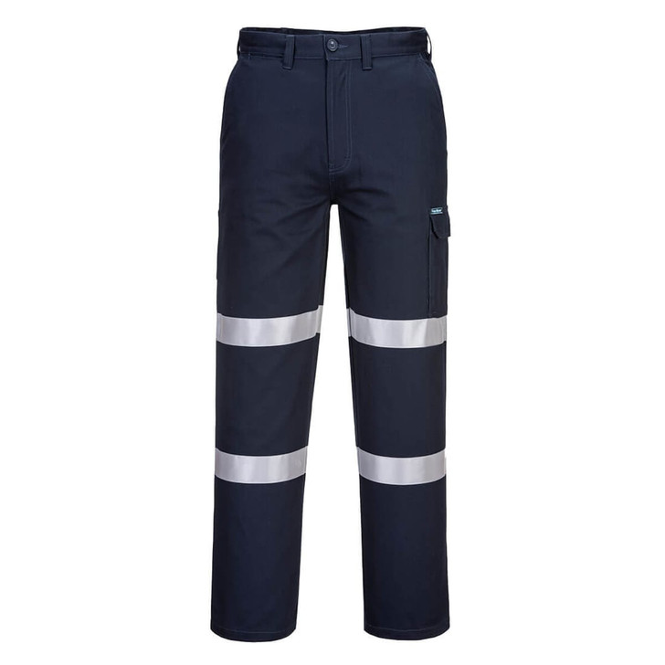 Cotton cargo pants in navy blue with reflective strips, featuring multiple pockets and a logo.