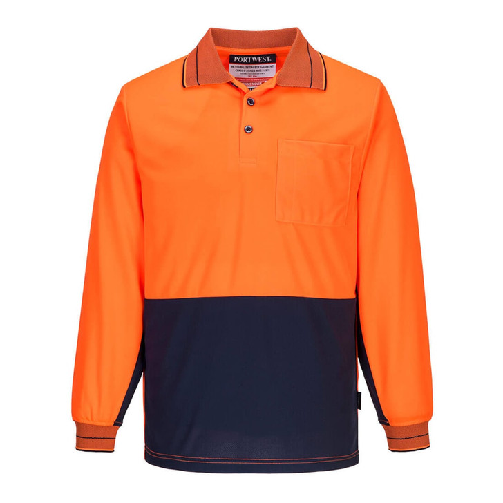 An orange and navy long-sleeve polo shirt with a collar and a chest pocket, featuring a logo.