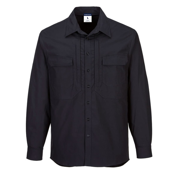 A long-sleeve black work shirt featuring two front pockets and a button-up design, with a logo on the label.