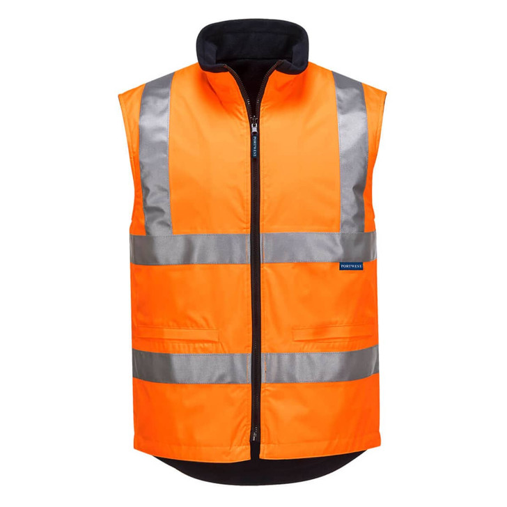 A reversible bodywarmer in bright orange with reflective stripes and a black collar, featuring a logo.