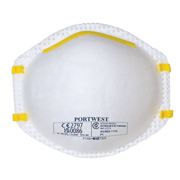 A white respirator mask with yellow straps and a branding logo.