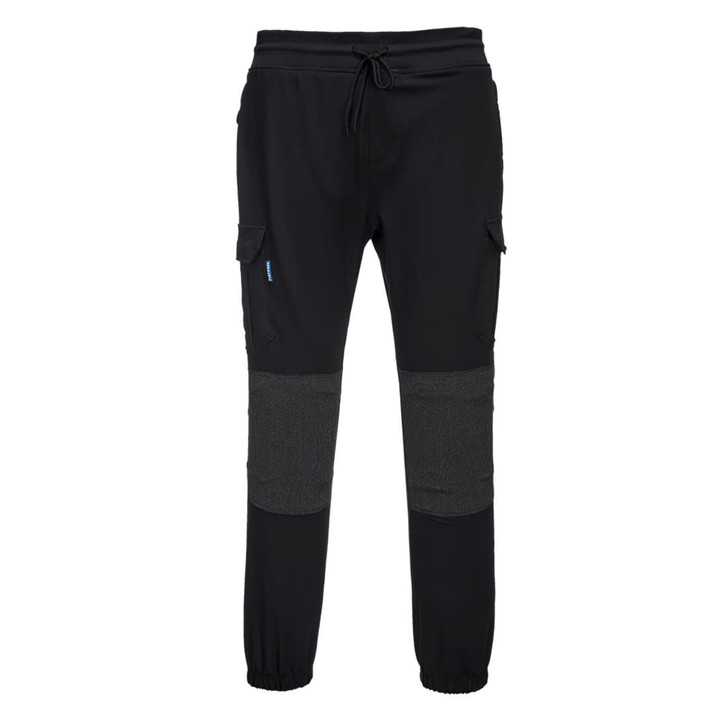 KX3 Flexi Trousers in black with grey panel details and cargo pockets. Features an elastic waistband and branding.