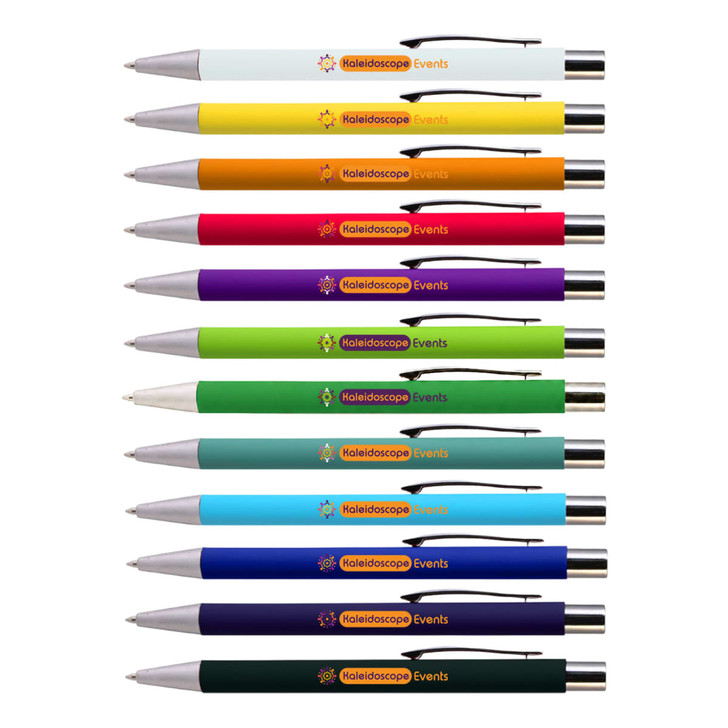 A collection of Aspen Aluminium Pens in various colours including white, yellow, orange, purple, green, and blue, with branding.