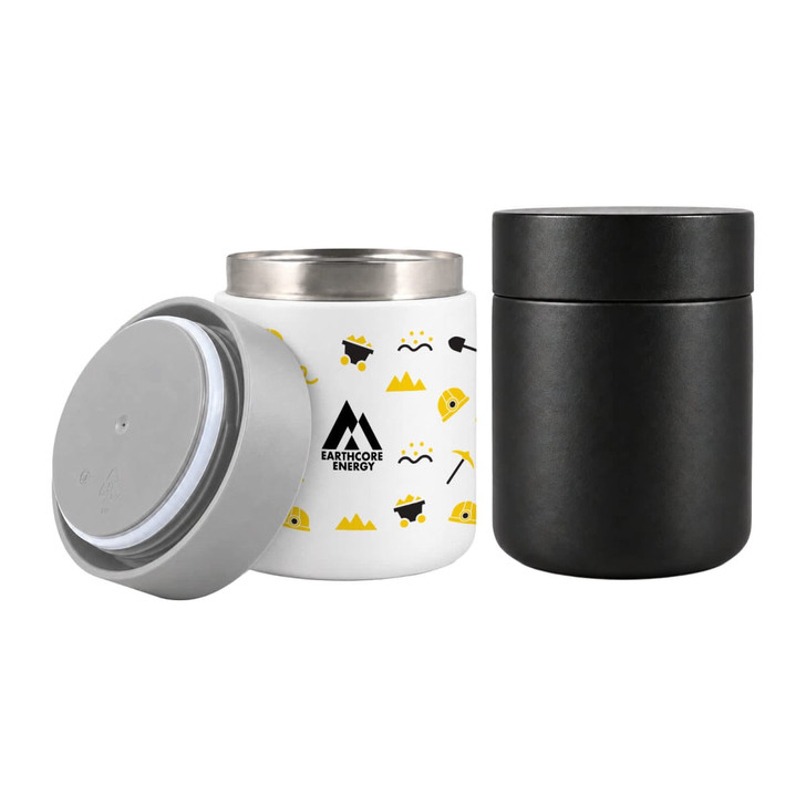Two food containers are displayed: a white container with colourful patterns and a sleek black container. Both have silver lids.