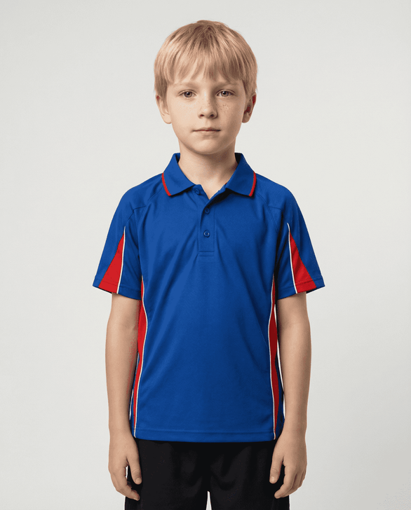 A blue polo shirt with red accents, worn by a child. The shirt features a collar and short sleeves.