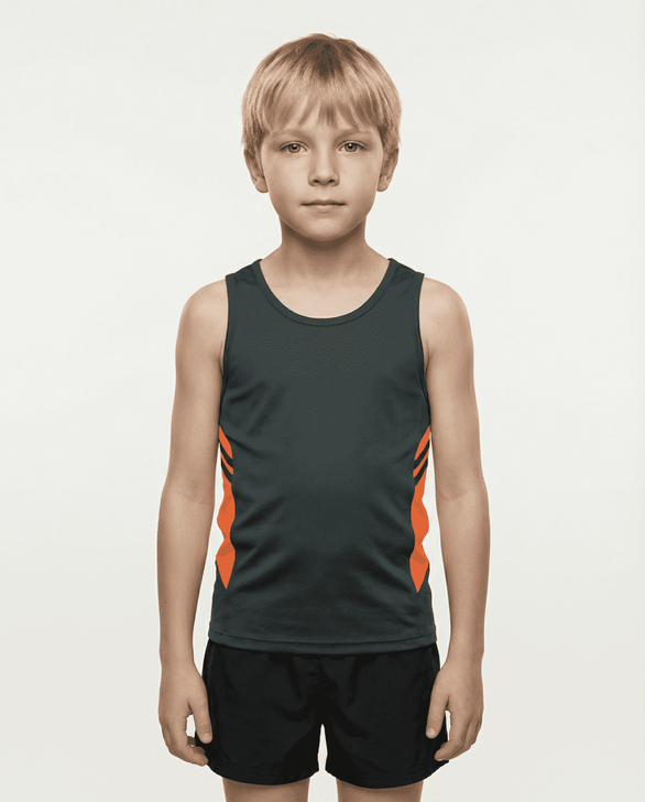 A child wearing a dark grey singlet with orange detailing, paired with black shorts. The image features a logo.