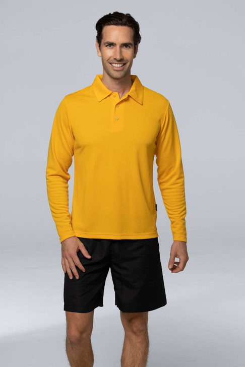A men's long-sleeve polo shirt in bright yellow, paired with black shorts. The shirt features a logo.